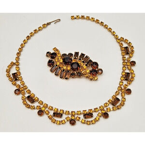 Vintage Gold Tone Amber Rhinestone Choker Necklace With Brooch Pin 14.75"L